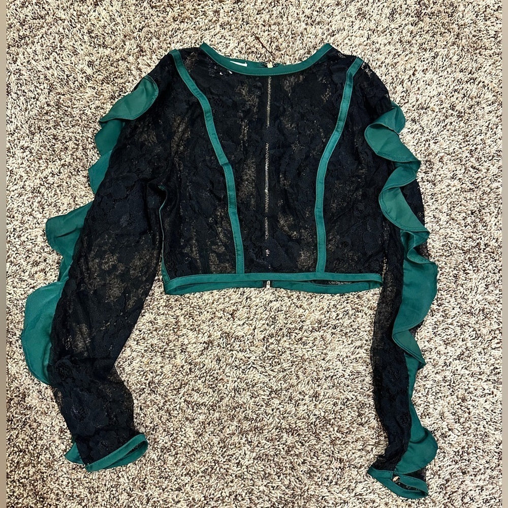 GREEN AND BLACK LACE RUFFLE HOUSE OF LONDON CROP TOP